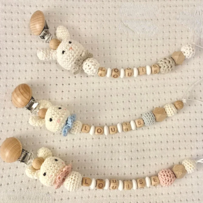 

Personalized Pacifier Clip Girl or Boy Hooked Rabbit Bunny Wood Pacifier Gift Personalized Birth Boy or Girl