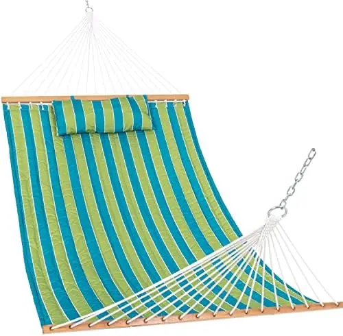 

Quilted Fabric Double Hammock with Pillow, 2 Person Hammock with Spreader Bar for Outdoor Outside Garden Yard Pool Beach (Linen