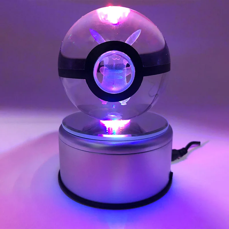 

Pokemon Game Ball Pikachu Bedroom Night Light Crystal Ball Engraving 3D Monster Figurines with Rotate Led Light Base Kids Gift
