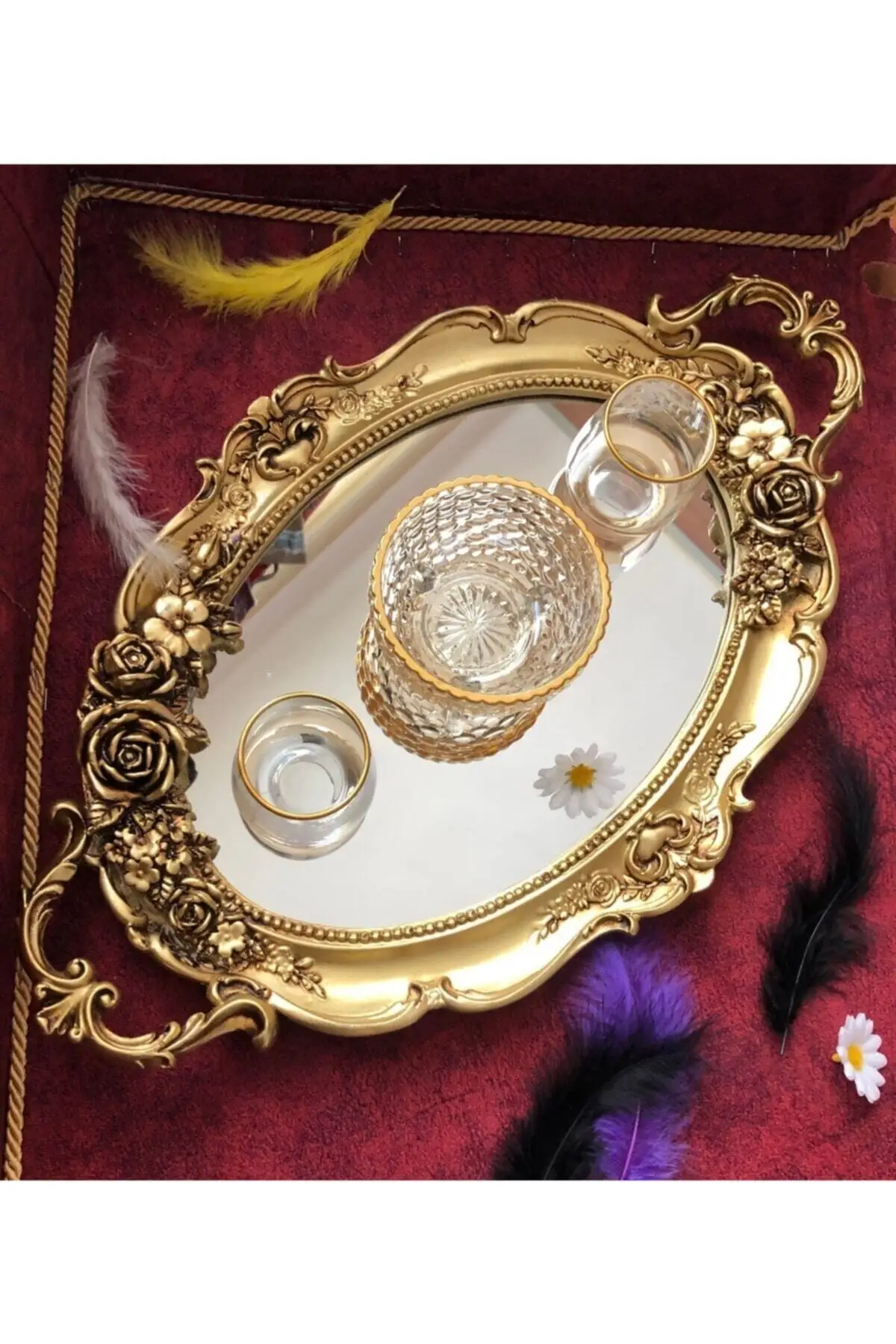Роскошный Золотой овальный зеркальный декоративный поднос из полиэстера