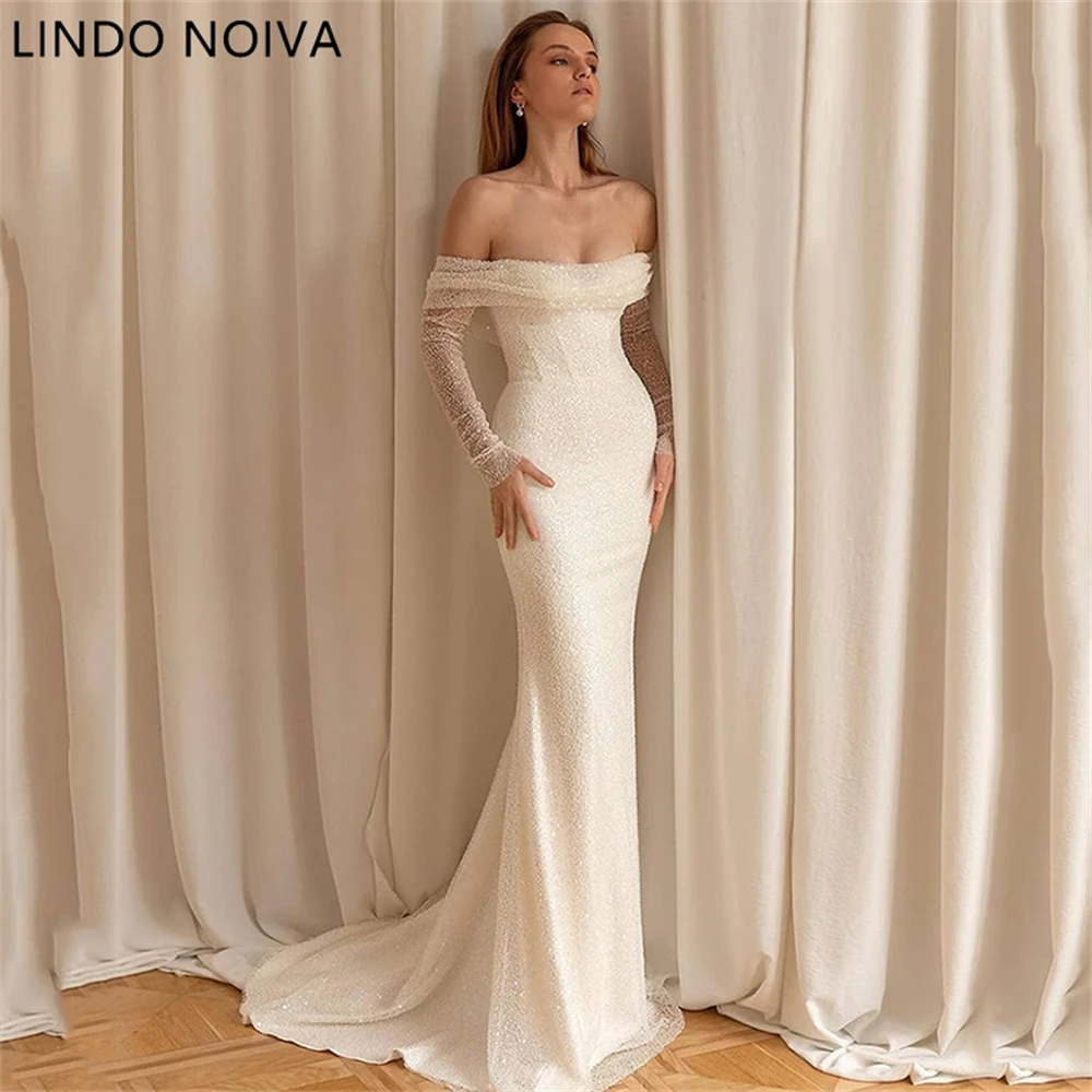 

Off Shoulder Glitter Elegant Mermaid Wedding Dresses Strapless Long Shiny Sleeves Bodycon Bohemia Bridal Gowns Plus Size