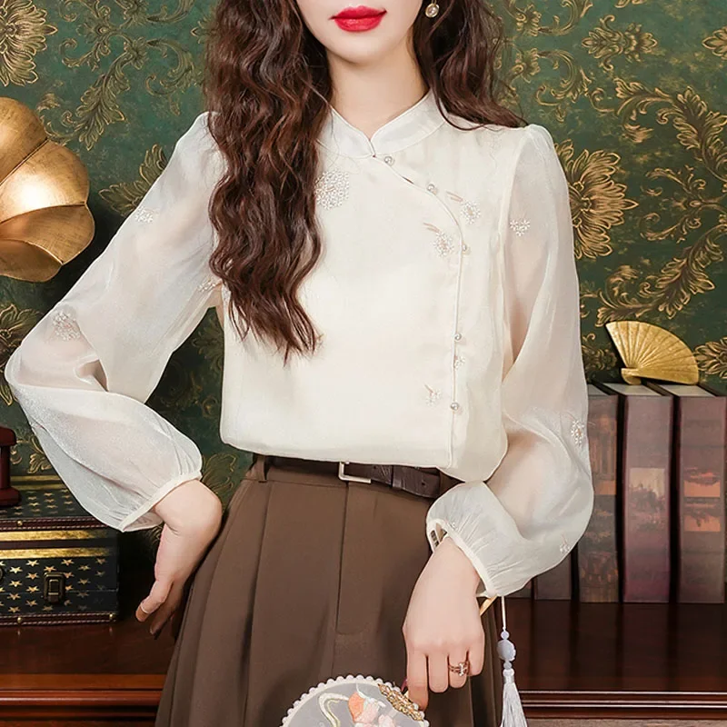 New Long Sleeve Stand Collar Women Blouse Embroidery Shirt Tops Blouses Shirts Blusas Para Mujer Camisas Blusa M677