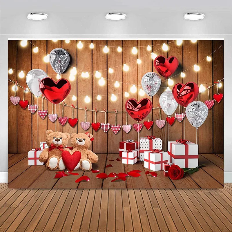 

Valentine's Day Balloons Gift Photography Backdrop Wood Love Heart Toy Bear Decorations Background Birthday Banner Photo props