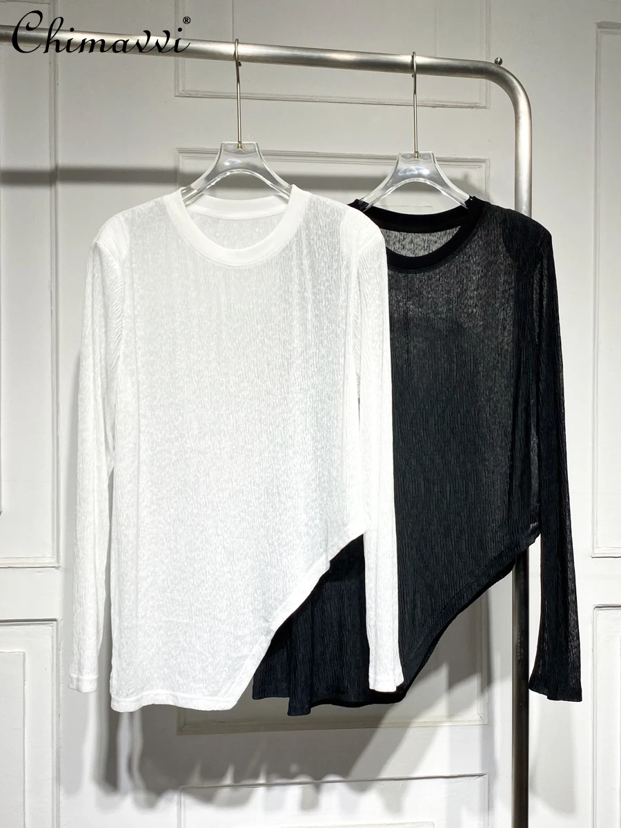 

Simple Irregular Long Sleeve T-shirt for Women 2022 Summer New Fashion Loose Thin Type Sunscreen All-Matching Graceful Slim Top