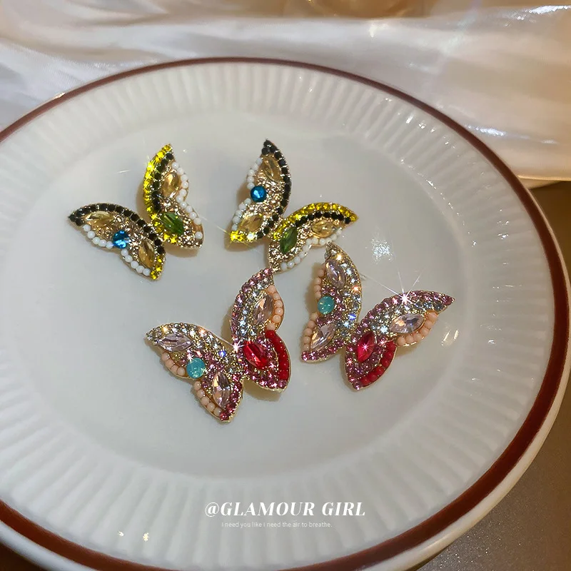 

Korean New Butterfly Earrings For Women Punk Rhinestone Style Cute Girls Zircon Ear Stud Shiny Colorful Earring Bridal Jewelry