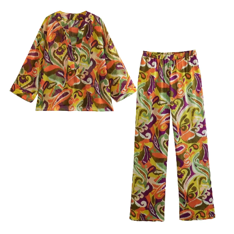 

Комплект летних брюк для женщин, новинка 2023, модная рубашка с принтом в стиле ретро, брюки с эластичным поясом, шикарные праздничные костюмы ...