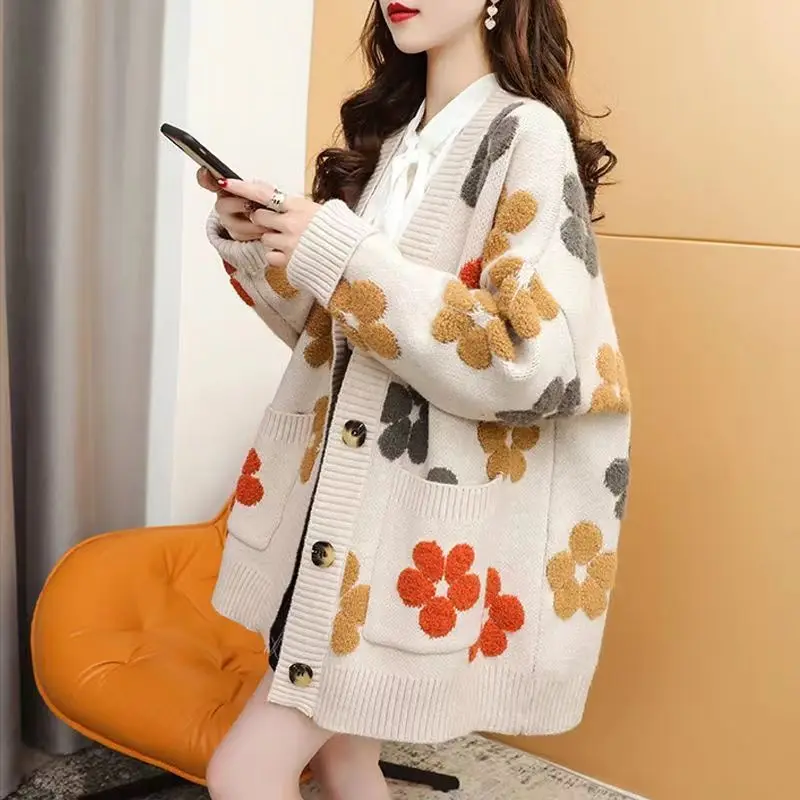 

New Autumn Winter Loose Cardigan Sweater Female Loose Languid Lazy Wind Plus Velvet Thick Knit Coat