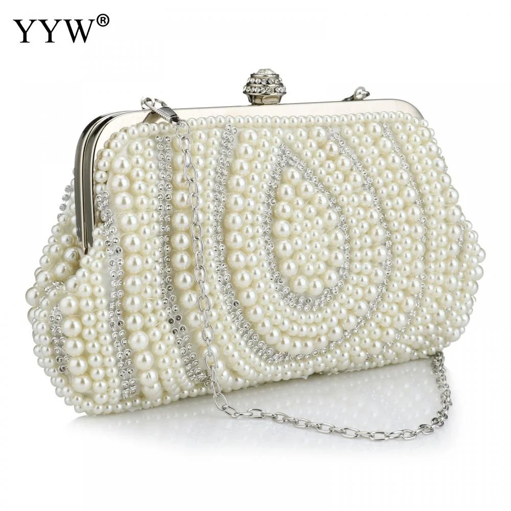 

Vintage Embroidery Small Pearl Day Clutch Shoulder Bag Chain Handbags Rhinestones Purse Beaded Diamonds Women Evening Bags