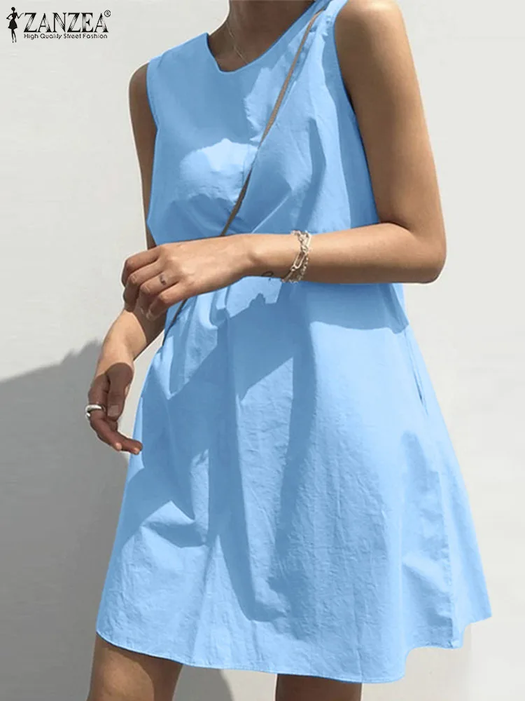 

ZANZEA A-line Sleeveless Beach Vestidos Fashion Women Female Casual Short Tank Dress Round Neck Korean Style Holiday Mini Dress