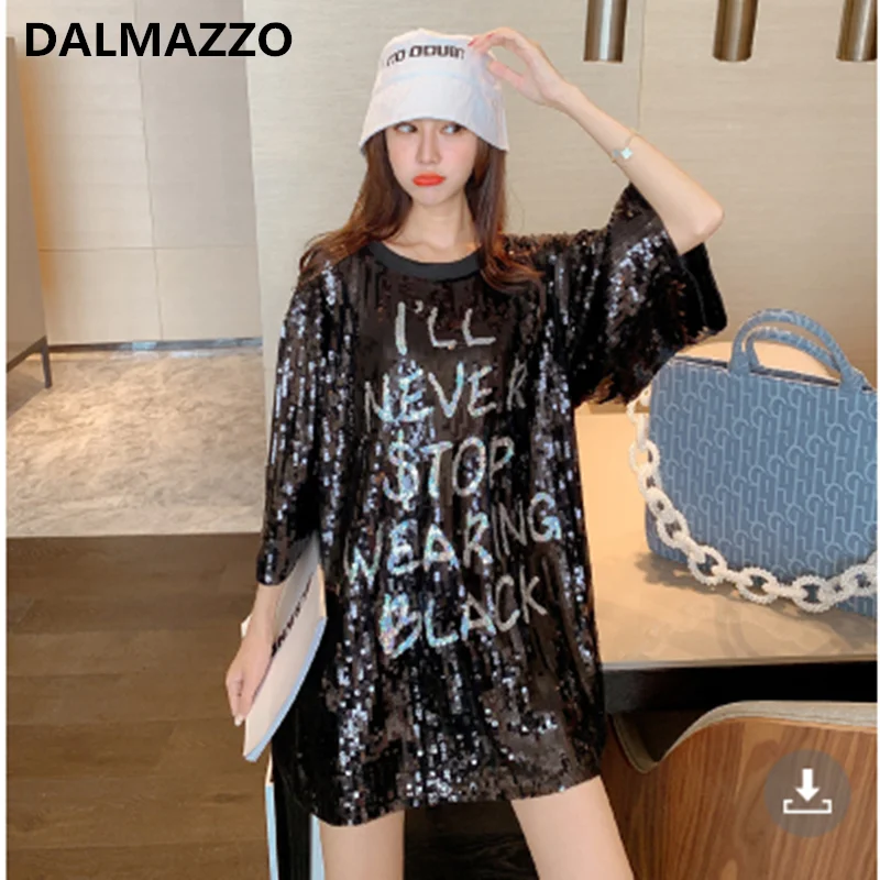 

DALAMZZO New Summer Half Sleeve Loose Long T Shirt Dress Women Fashion Designer Sequins Print Letters Straight Midi Dresses