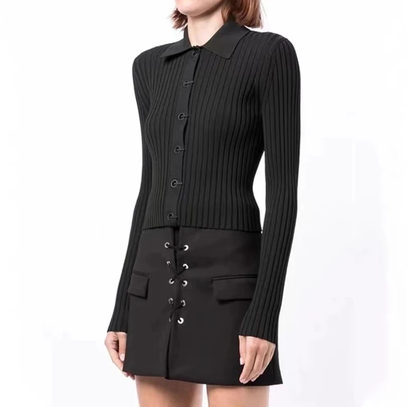 

2022 Fashion Classic Women Sweater Solid Black Slim Kintted Cardigan Spring Autumn Office Ladies Tops Trendy Brand Luxury Design