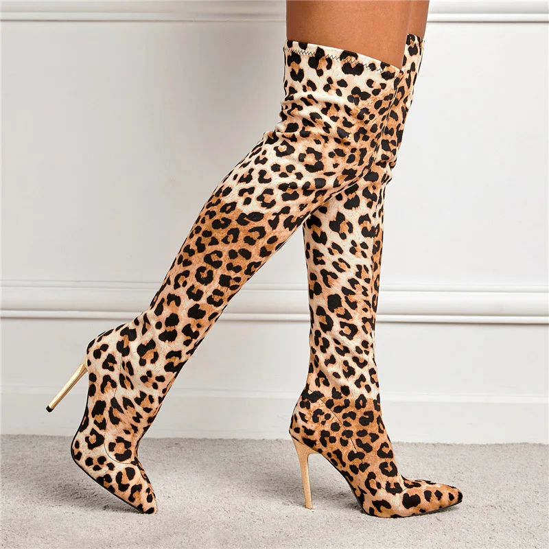 

Leopard grain Serpentine Long Boots Women 11.5cm High Heel Fetish Boot Pointed Toe Sexy Club Shoes Thigh High Over-The-Knee Boot