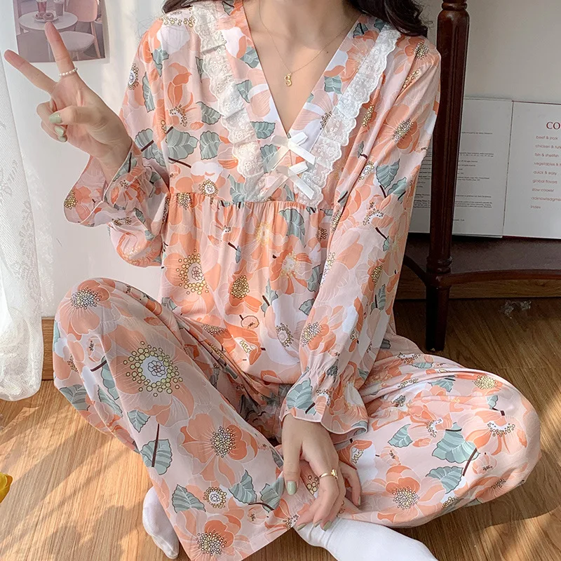 Pjamas For Women Long Sleeve Cotton Silk Ensemble Femme 2 Pièces V-neck Lace Edge