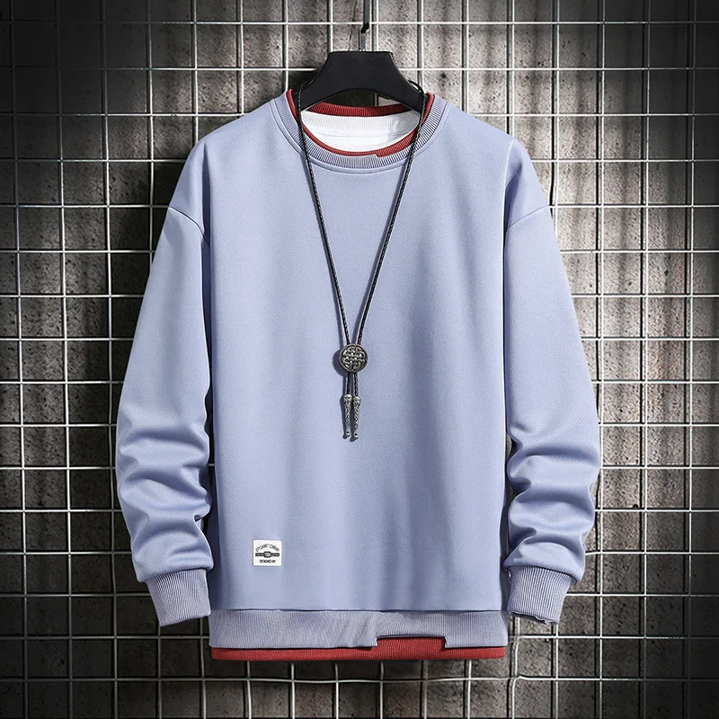 

Men's Fashion Double Layer Crewneck Sweatshirt Spring Autumn Harajuku Solid Color Long Sleeve Pullover All Match Bottoming Shirt