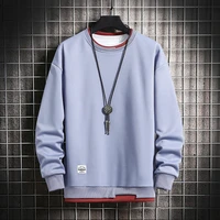 mens fashion double layer crewneck sweatshirt spring autumn harajuku solid color long sleeve pullover all match bottoming shirt