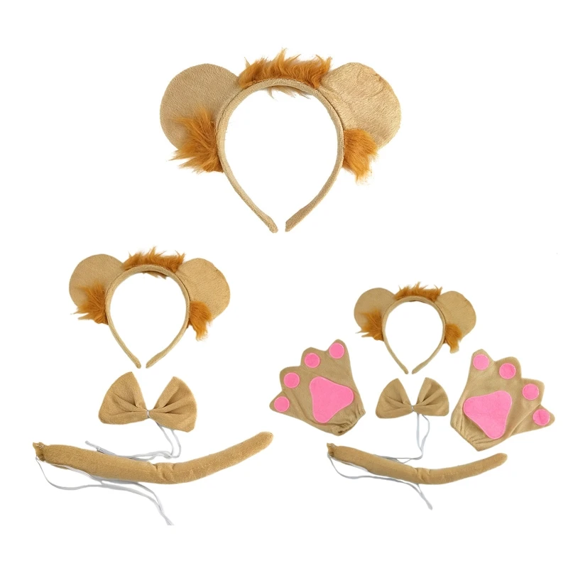 

Y166 Kids Animal Costume Lion Ears Headband Bowtie Tail Gloves 1/3/4Pcs