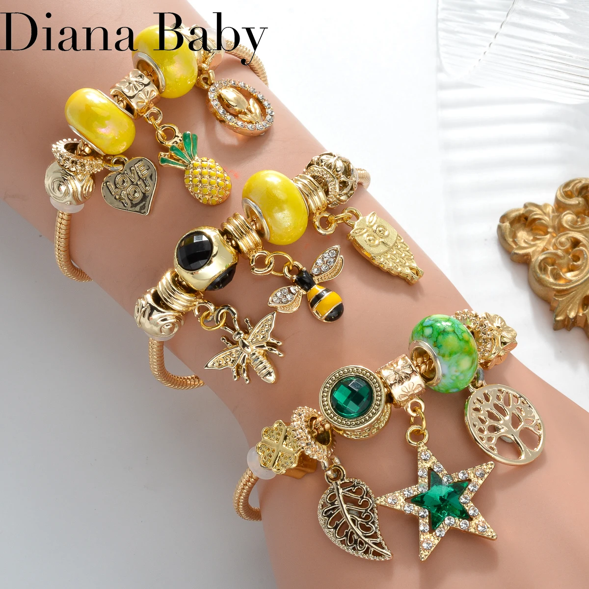 Браслет Pandora из нержавеющей стали золотого цвета браслет с зеленым цирконом