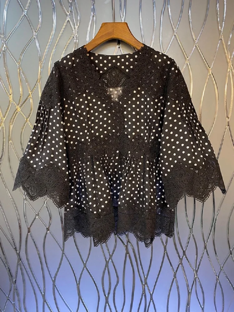 High Quality Linen Blouse 2022 Summer Style Women V-Neck Polka Dot Prints Lace Patchwork 3/4 Sleeve Casual Vintage Tops Female