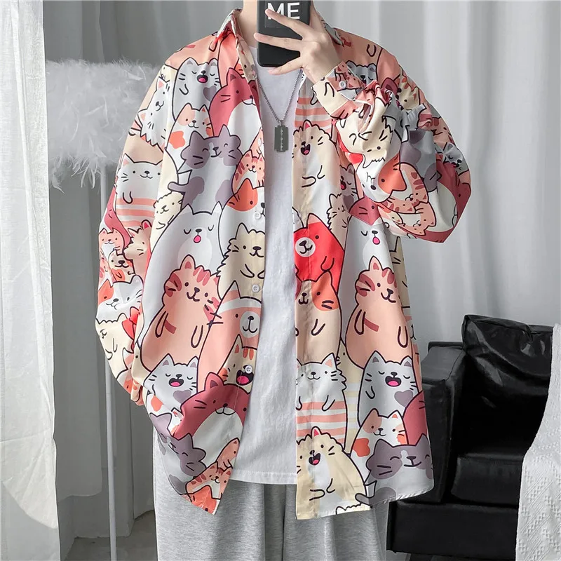 

Japanese cat printed long-sleeve shirt men's autumn design shirt Hong Kong style coat Spring and autumn trend ruffian shirt