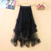 women irregular tulle skirts korean fashion elastic high waist mesh tutu skirt black midi skirt saias faldas jupe femme x235