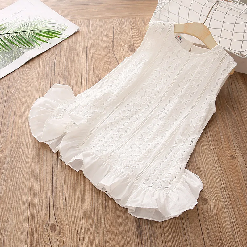 2022 Summer 3 4 6 8 10 12 Years Children White Kids Lace Patchwork Sleeveless Sundress Embroidery Vest Tank Dress For Baby Girls