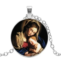 2019 new handmade christian virgin mary missionary pendant 3 color glass cabochon necklace fashion jewelry sweater chain