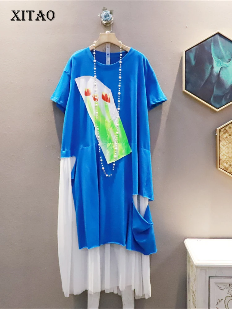 

XITAO Print Pattern Dress Irregular Pullover Pleated Patchwork Small Fresh Casual Style Small Fresh 2022 Summer Dress WLD7393