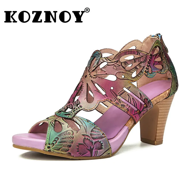 

Koznoy 8cm Ankle Mid Calf Boots ZIP Woman Big Size Hollow Sandals Ethnic Chunky Heels Fashion Print Genuine Leather Summer Shoes