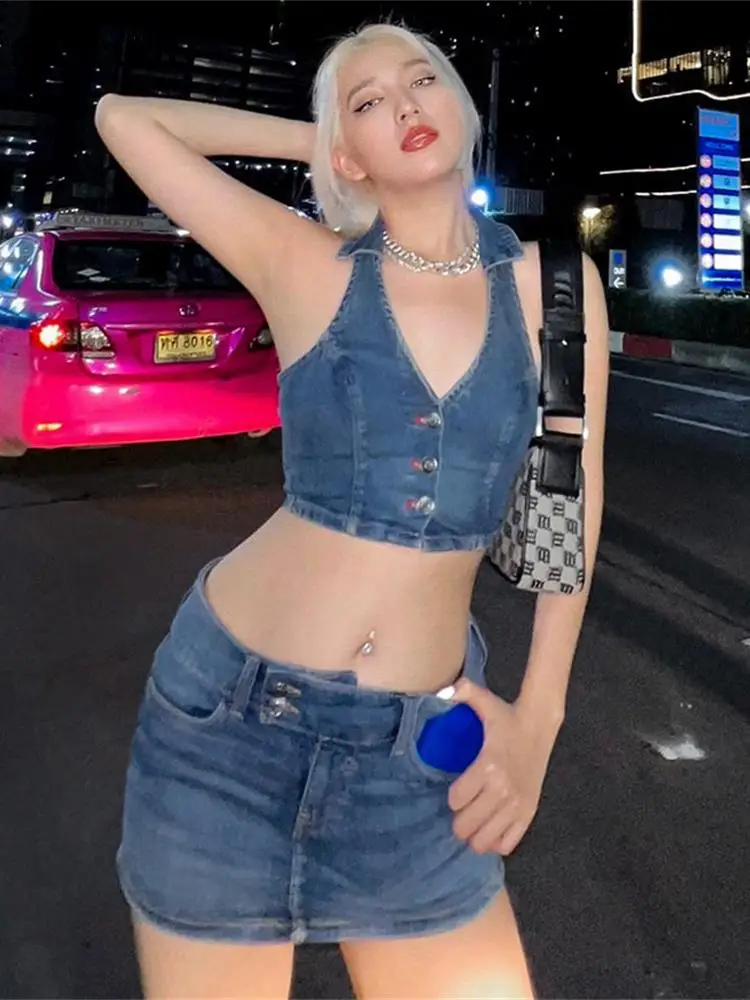 

Habbris Summer Sexy Bodycon Two 2 Sets Women Outfits 2022 Button Sleeveless Skinny Crop Top Jeans Mini Skirts Party Matchin Sets