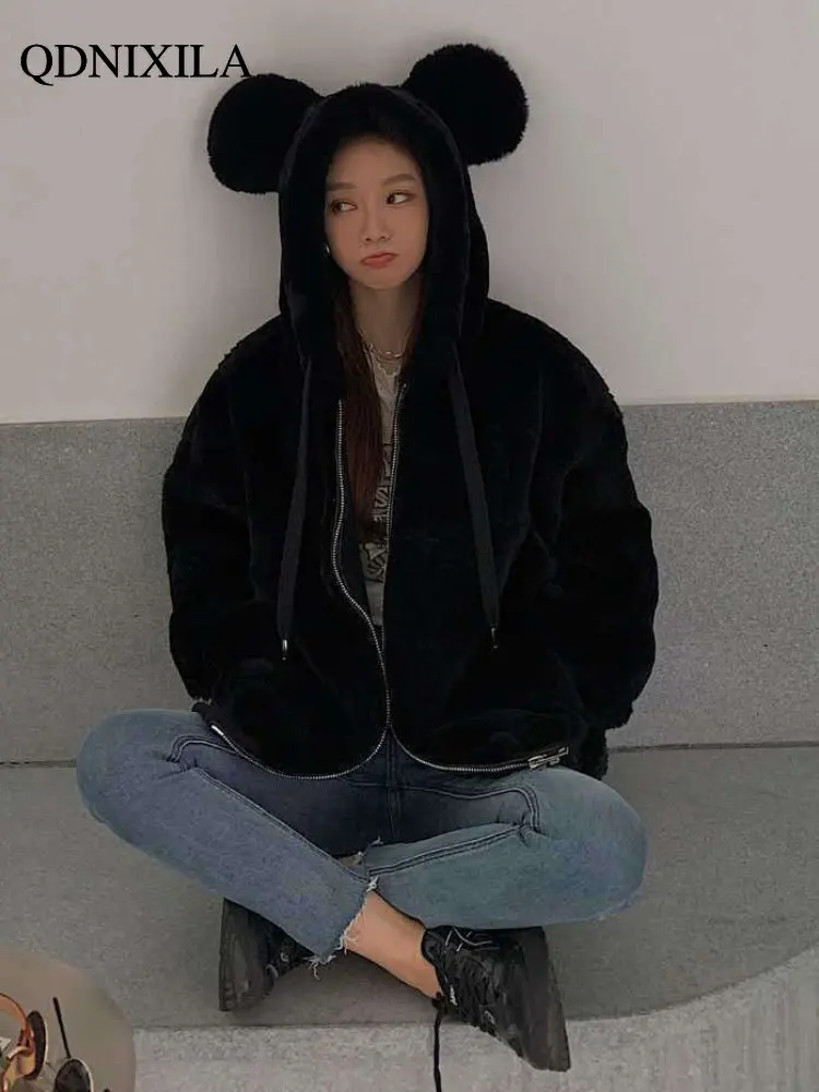Winter Jacket Women 2022 Faux Fur Coat New Outerwear Cute Bear Ears Plush Warm Hood Loose Coats Women's Jacket for Women