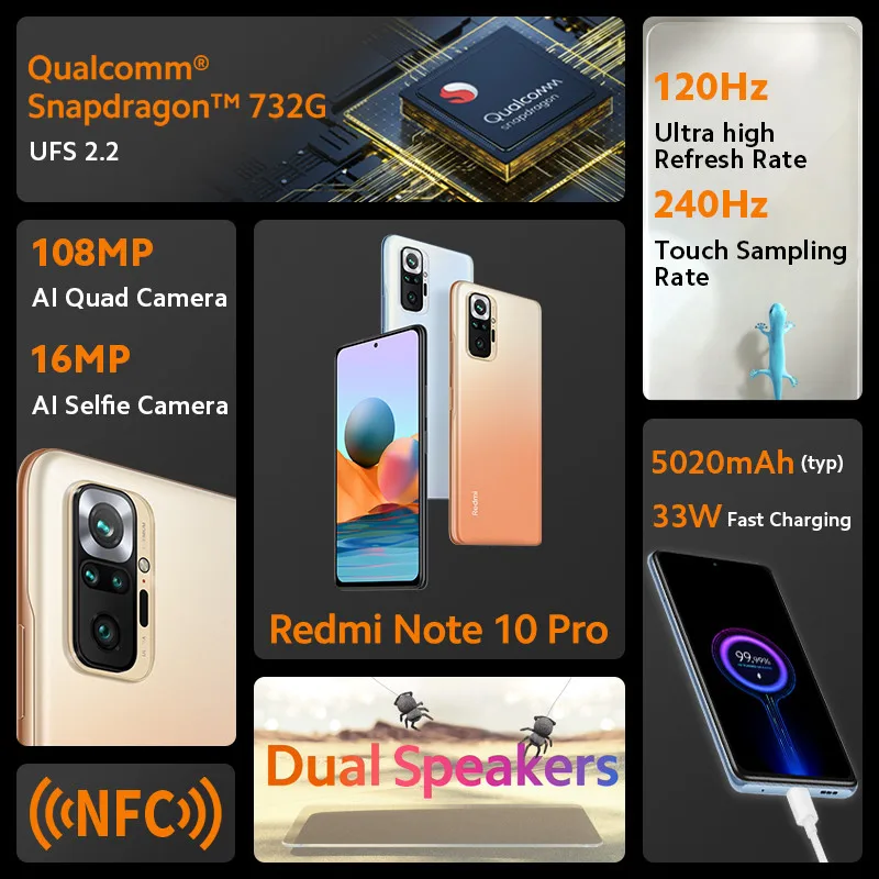 Global Version Xiaomi Redmi Note 10 Pro Smartphone 128GB/256GB Snapdragon 732G Octa Core 108MP Camera 5020mAh Battery 120Hz NFC