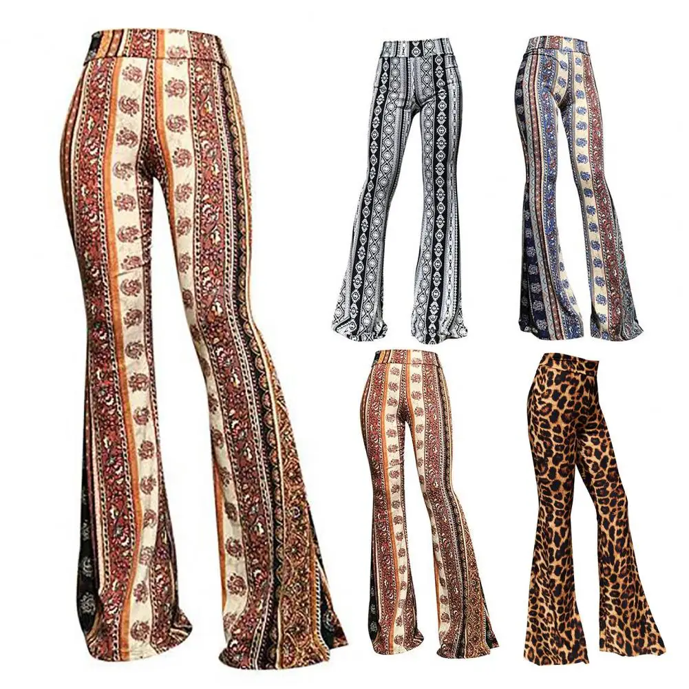 

Women Long Pants Vintage 70s Flared Hem Female Trousers Leopard Print High Elastic Waist Stretchy Lady Pants