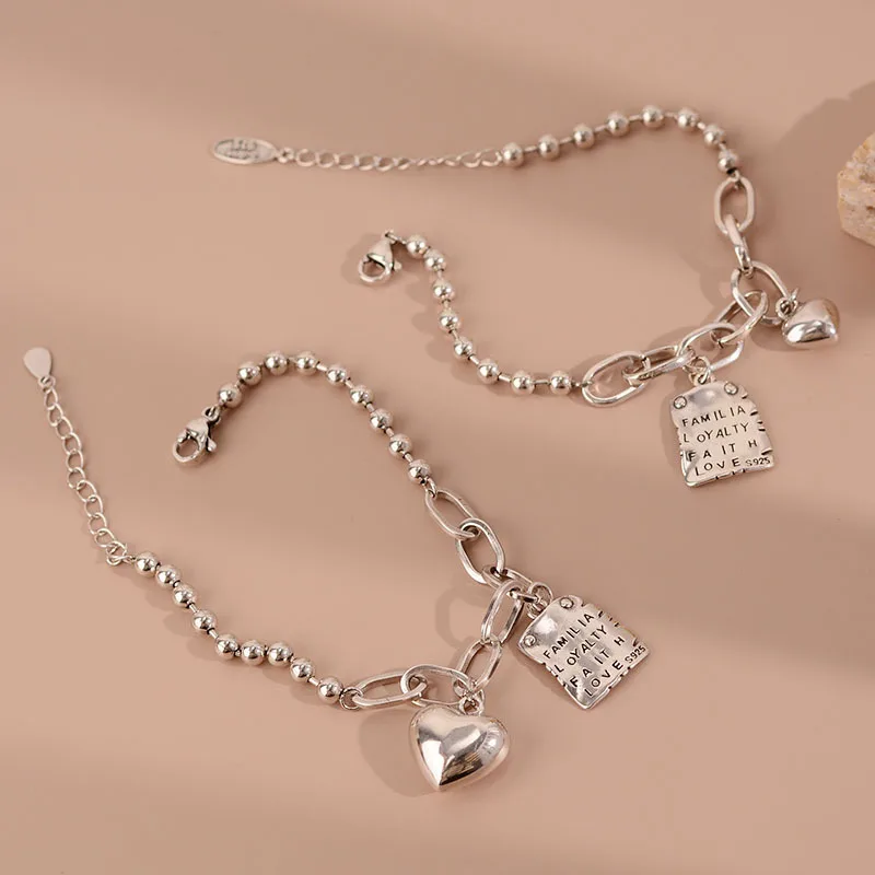 

LOVE Heart Pendant Bracelet For Women 925 Stamp 21cm Bead Chain Bangles Party Jewelry Accessories Female Gifts GaaBou