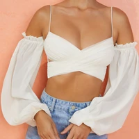 fashion women sexy long sleeve off shoulder t shirts casual lantern sleeves halter crop top cross solid bare summer streetwear