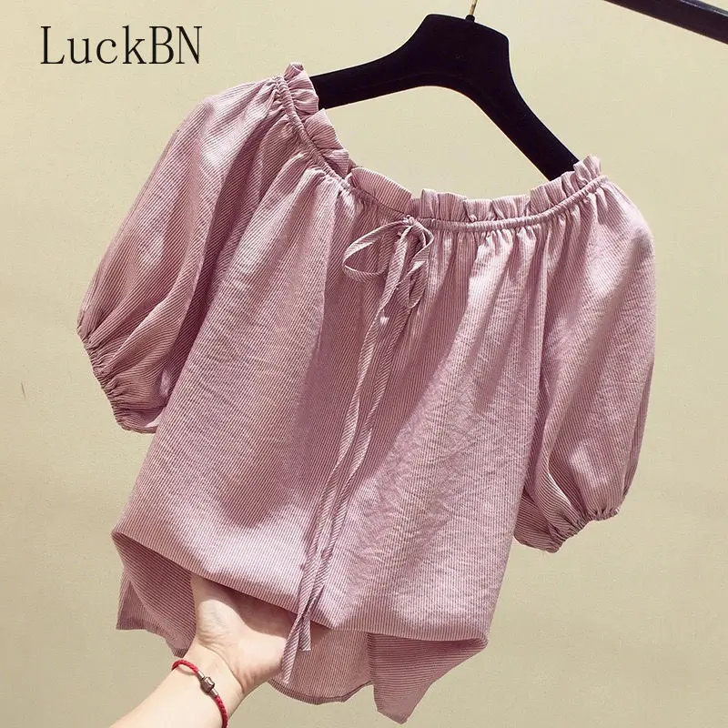 

Summer Striped Off Shoulder Blouse Women Sexy Slash Neck Short Sleeve Blusas Femme Casual Ruffles Beach Blusones De Mujer 2022