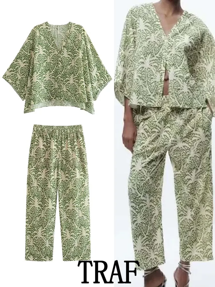 

\TRAF 2023 Women 2 Pieces Sets Fashion Printed Single Breasted Shirt Tops + High Waist Long Pants Summer Causal Loose Sets