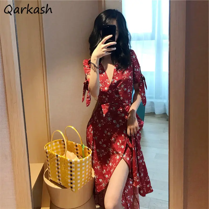 

Short Sleeve Dress Women Midi Floral Side-slit Elegant Holiday Prairie Harajuku Retro Design Ulzzang Stylish Temper Vestidos Ins