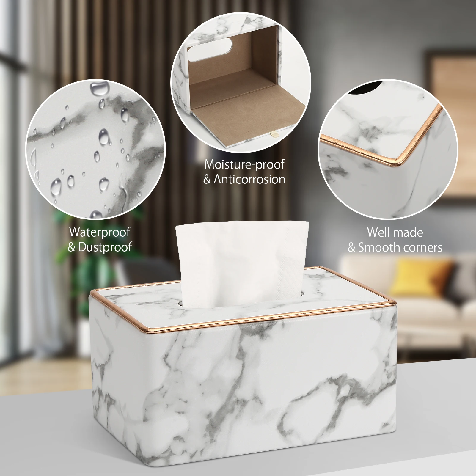 

Ever Perfect Small Wooden Tissue Box Cover Gold Rim PU Leather Napkin Holder Marble Towel Paper Box Dispenser Tissue Case