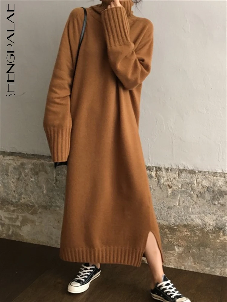 

SHENGPAIAE Thick Winter Women Dress 2022 Antumn Winter Long Sleeve Knitted Dresses Maxi Vintage Oversize Dresses Knitting 5W906