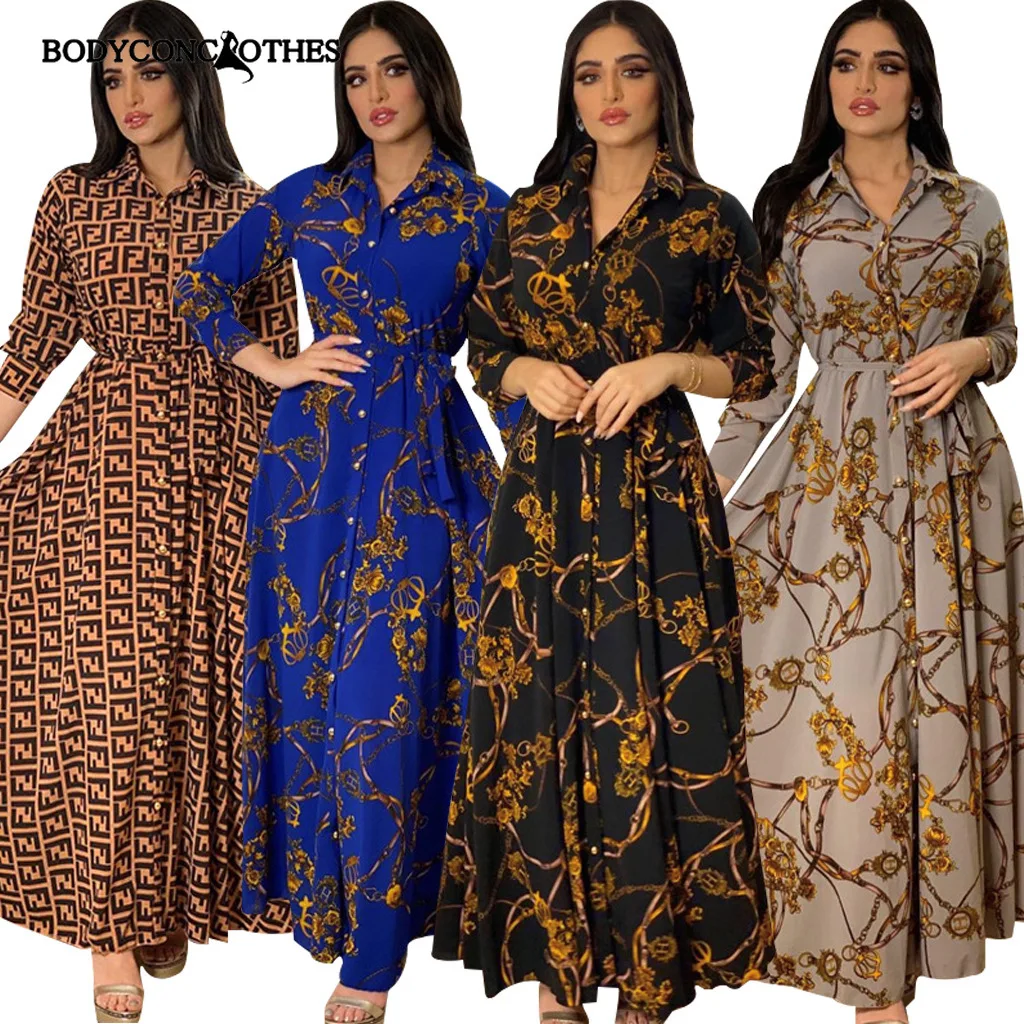 

Bodyconclothes French Elegant Maxi Dresses Women Retro Print Muslim Dubai Abaya Lapel Single Breasted Long Sleeve Shirt Dress