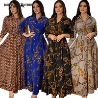 bodyconclothes french elegant maxi dresses women retro print muslim dubai abaya lapel single breasted long sleeve shirt dress