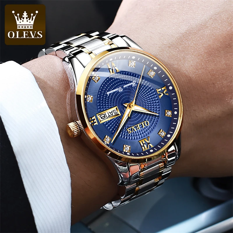 OLEVS New Blue Automatic Mechanical Watch Men's Fashion Stainless Steel Strap Waterproof Calendar Men's Business Watch For Men