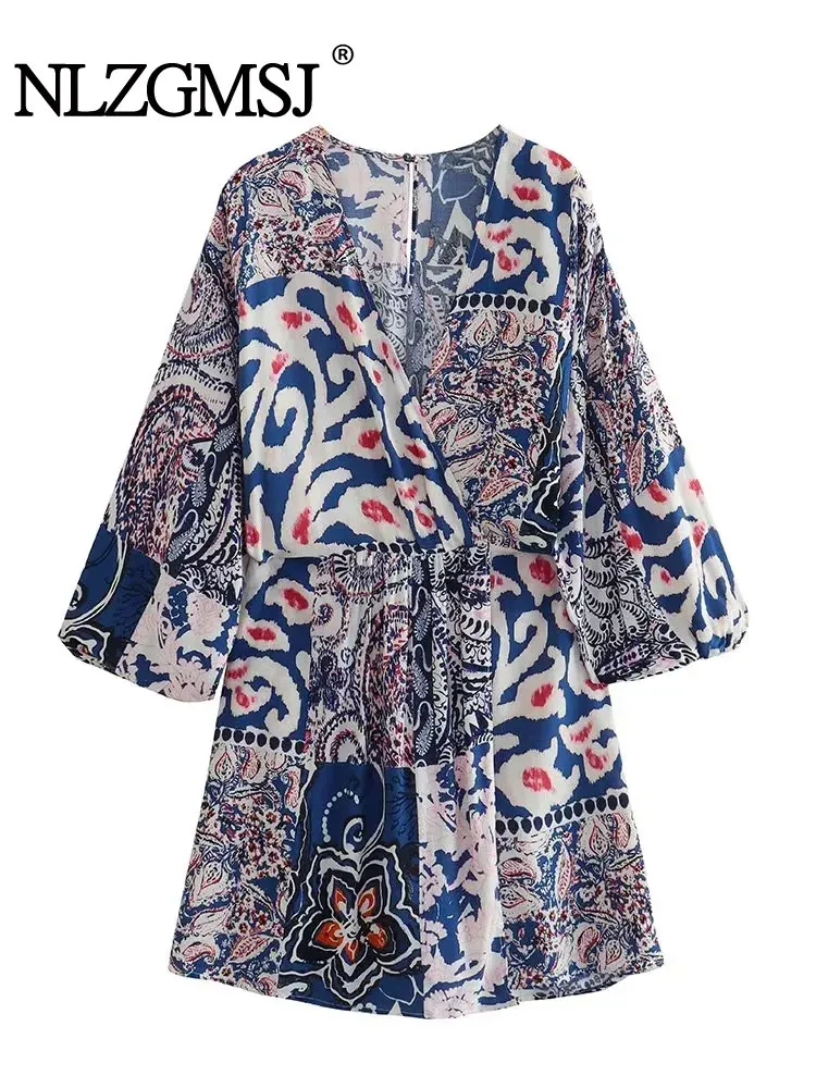 

Женский комбинезон с цветочным принтом Nlzgmsj TRAF, летний Повседневный Свободный комбинезон с рукавом выше локтя и V-образным вырезом, 2023