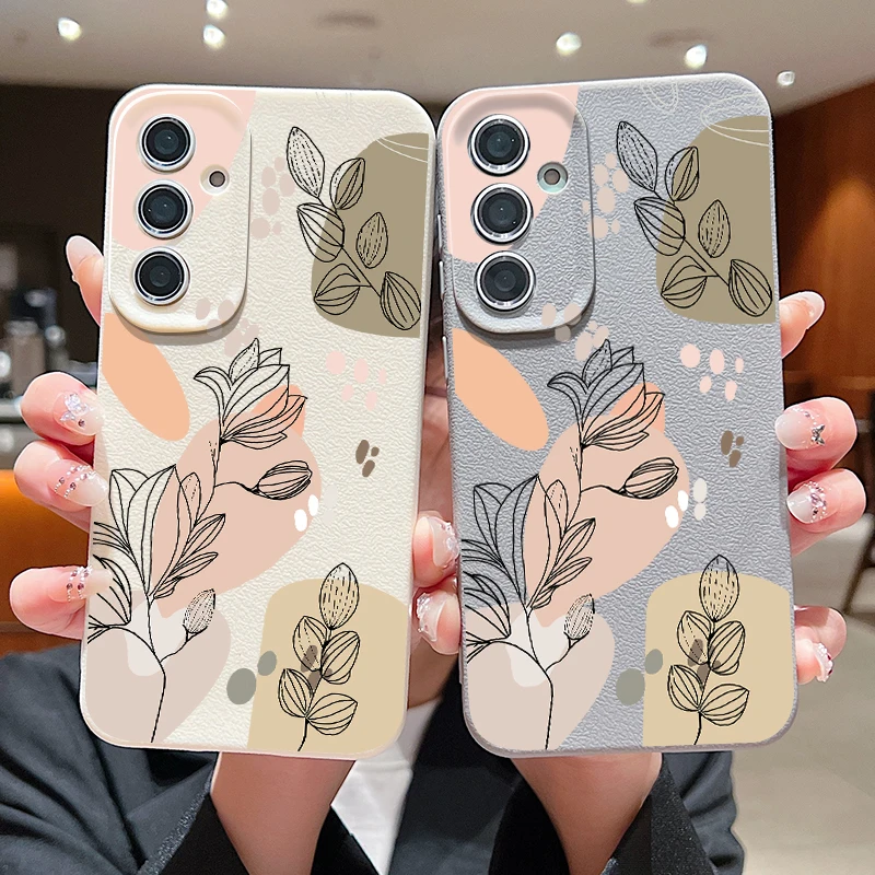 Чехол Line Flower для Samsung Galaxy S24 S23 Ultra S22 S21 S20 FE A14 A15 A16 A25 A34 A35 A52 A53 A54 A55 5G Capa Leather Texture