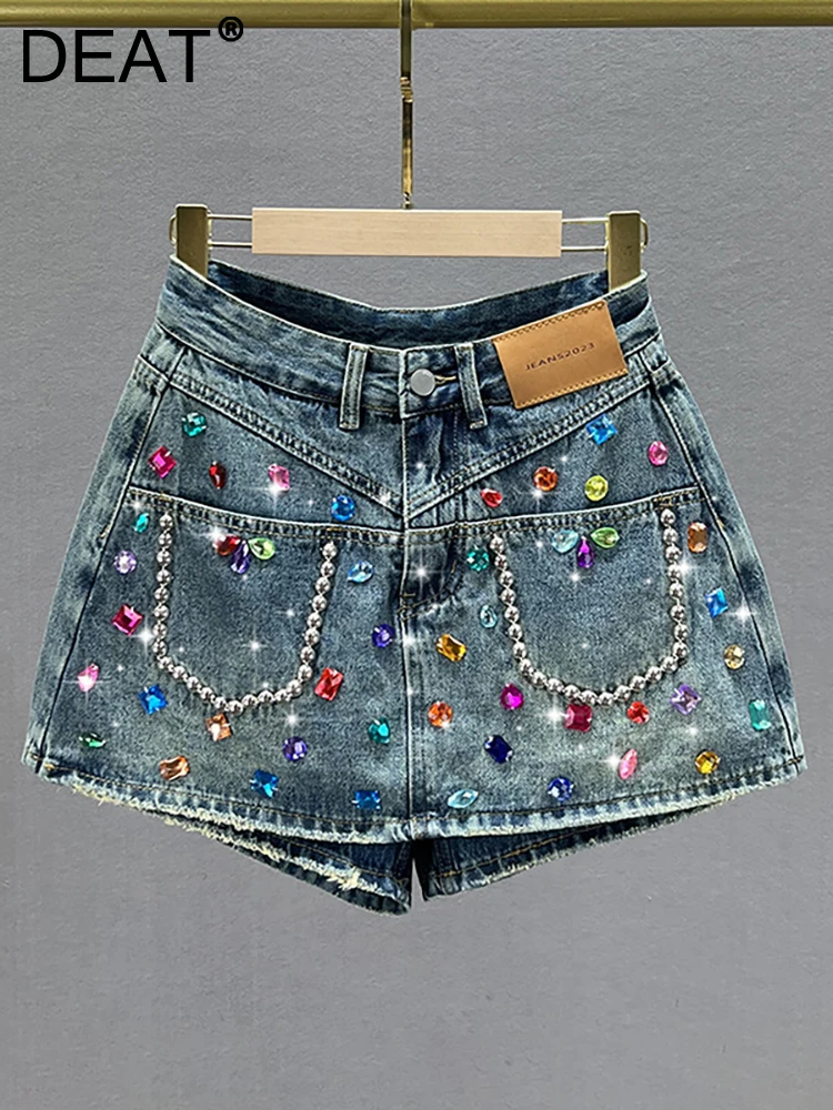 

DEAT Women's Denim Skirt Colorful Diamond Fake 2 Pcs Do Old Blue A-line Wide Leg Shorts Skirt 2023 Summer New Fashion 29L2774
