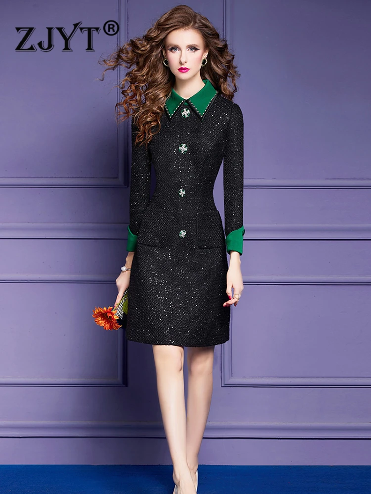 

ZJYT Women's Tweed Woolen Dresses Long Sleeve Plus Size Beading Black Office Lady Work Wear Autumn Winter 2023 Fashion Vestidos