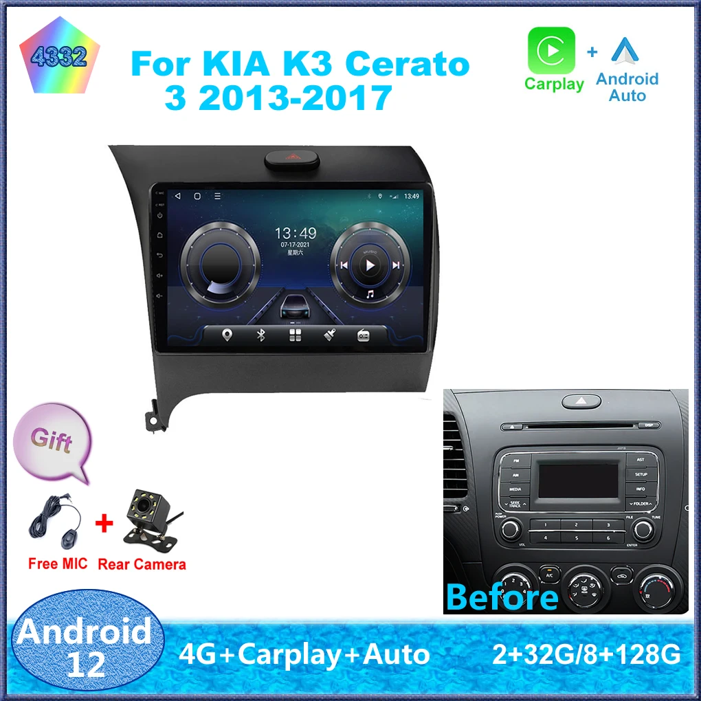 

9" For KIA K3 Cerato 3 2013-2017 Android 12 Carplay 8-Cores 4G Sim WiFi DSP RDS Car Radio Stereo Multimedia Player Auto GPS