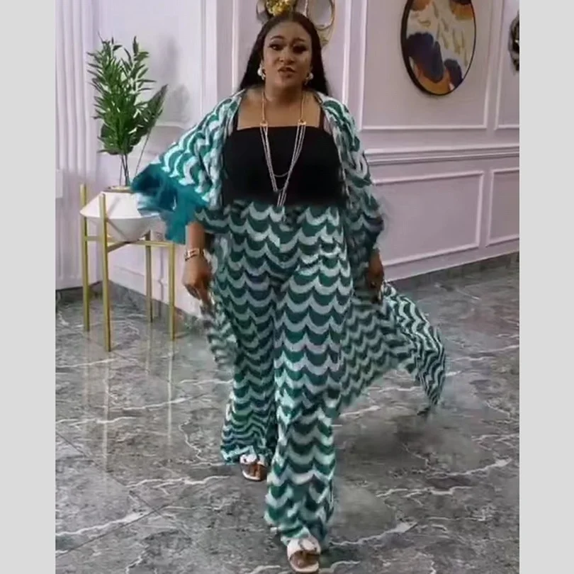 

2022 New Fashion Summer African Dresses For Women Two Piece Pant Set Dashiki America Ladies Long Abaya + Pants Suits Dress