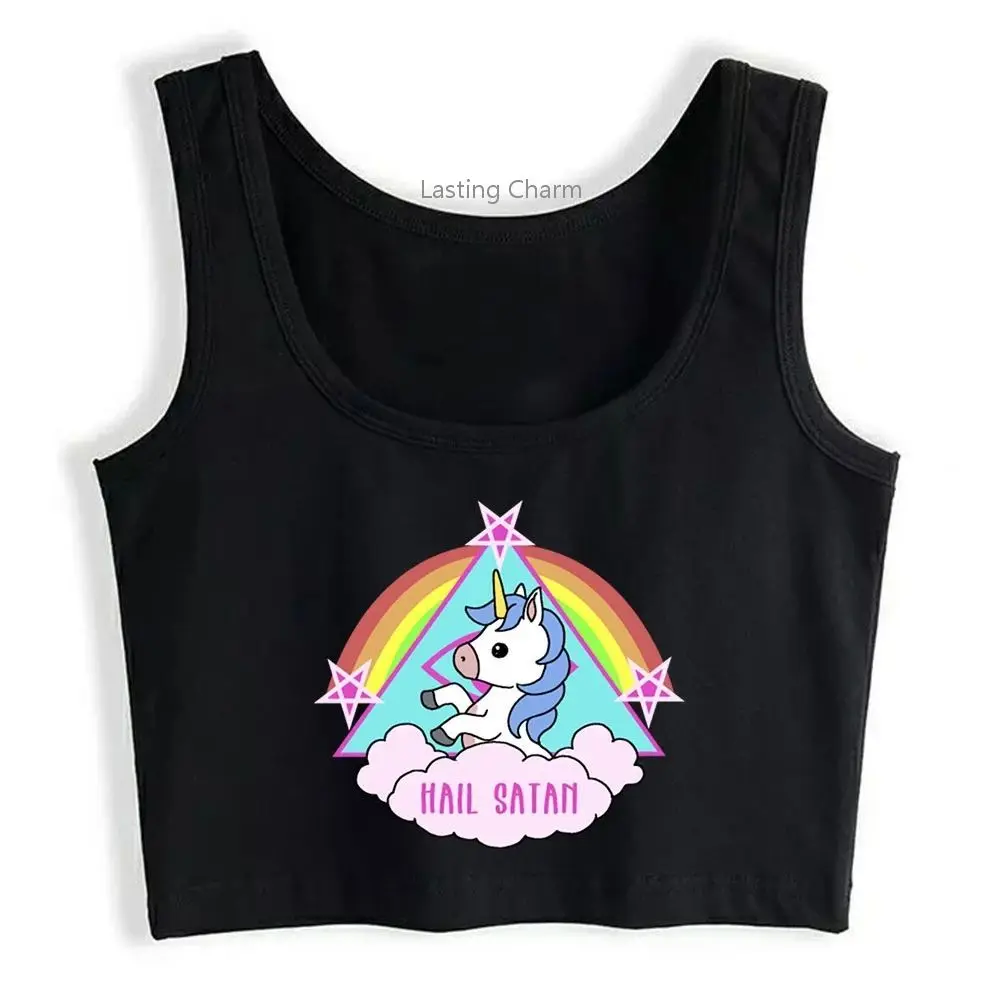 

Hail Satan Sport Top Cute Unicorn Rainbow Print Crop Top