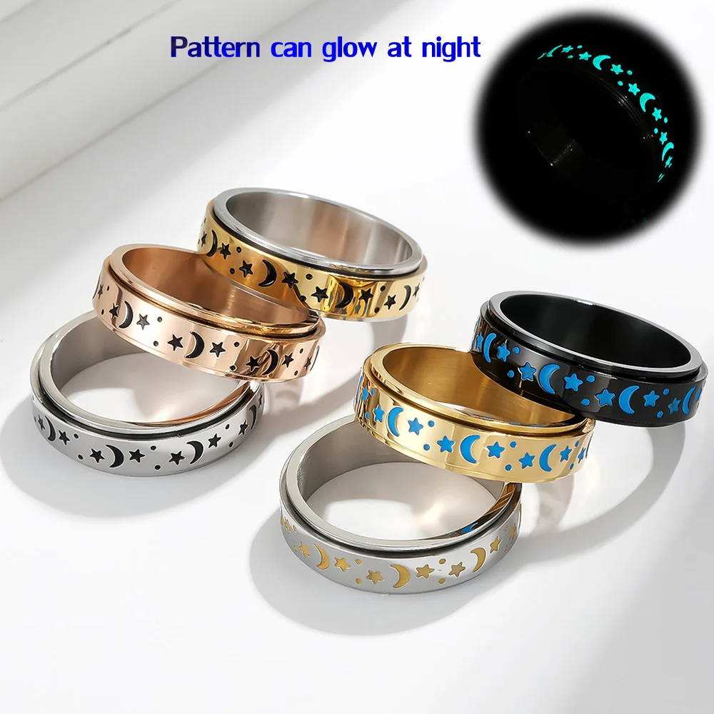 

Stainless Steel Luminous Ring Spinner Star Moon Rings For Women Men Glowing In Dark Anti Stress Anxiety Ring Wedding Jewelry